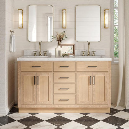 ARIEL Hepburn 60-inch Bathroom Vanity with Sink,Solid Wood, 1.5-inch Carrara White Quartz Countertop, Double Rectangular Porcelain Sink, 4 Soft Closing Doors, 6 Dovetail Drawers, White Oak