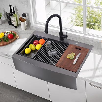 33x22 Inch Drop In Gunmetal Black Farmhouse Sink, 16 Gauge Stainless Steel Single Bowl Apron Front Workstation Farm Sink With Accessories