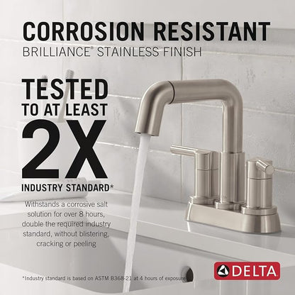 Delta Nicoli Centerset Brushed Nickel Bathroom Faucet with Sprayer, 4 Inch 3 Hole Bathroom Sink Faucet with Pull Out Sprayer, Push-Pop Drain, Stainless 25849LF-SSPD