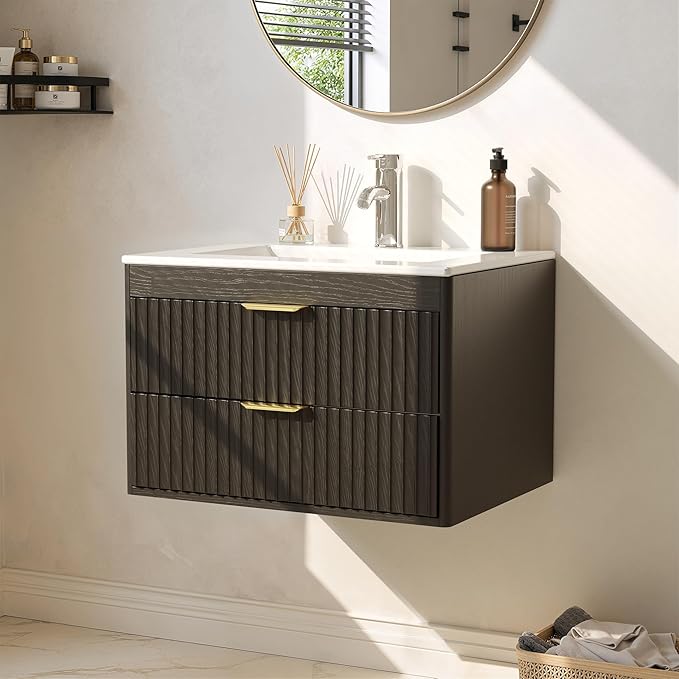 24 Inch Floating Bathroom Vanity with Sink, Bathroom Wall Cabinet with 2 Fluted Drawers & Metal Handle, Wall Mounted Cabinet for Bathrooms (Black, 24 inch, with Sink)