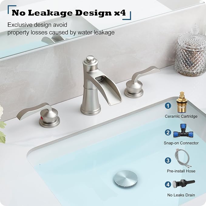 Widespread Bathroom Faucet, 4-16 Inch Brushed Nickel Waterfall Bathroom Faucets Solid Brass Sink Faucet Bathroom Vanity Faucets 3 Hole 2 Handle with Supply Water Hoses Pop-up Drain