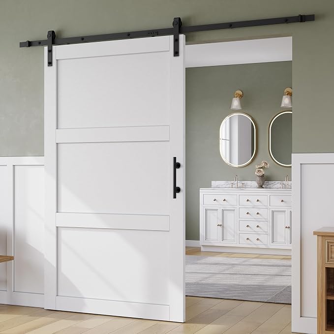 SMARTSTANDARD 48in x 84in Sliding Barn Door with 8FT Hardware Track,3 Panel | Waterproof PVC Surface, Pre-Drilled Holes Easy to Assemble, White, Solid, MDF