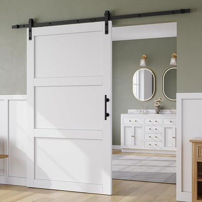 SMARTSTANDARD 48in x 84in Sliding Barn Door with 8FT Hardware Track,3 Panel | Waterproof PVC Surface, Pre-Drilled Holes Easy to Assemble, White, Solid, MDF