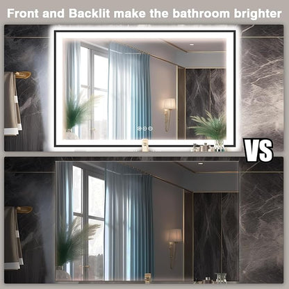 EchosLife 60x40 LED Mirror for Bathroom - Matte Black Framed | Black Frame, Front and Backlit, Anti-Fog, Stepless Dimmable, 3 Colors, Memory, Tempered Glass, UL Listed, Horizontal/Vertical