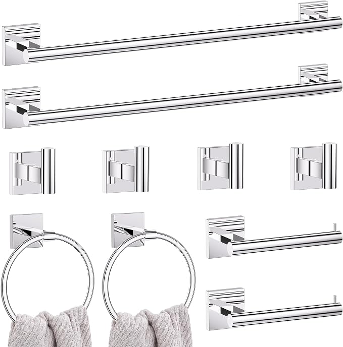 Lairuier 10-Piece Polished Chrome Bathroom Accessories, Towel Bar Set | Bathroom Hardware Set Includes SUS304 23.6" Towel Bar, Towel Ring, Toilet Paper Holder and Towel Hooks Wall Mounted