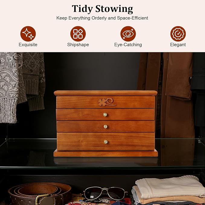 Large Wooden Jewelry Box with Mirror, 4 Layers Jewelry Organizer with 3 Drawers, Watches Necklace Ring Storage Box for Women