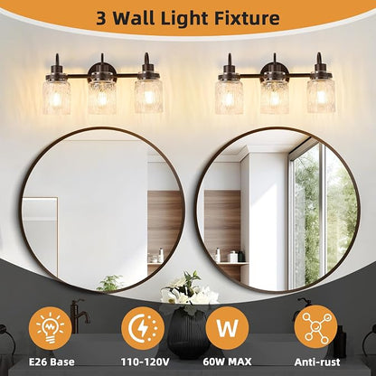 3 Lights Bathroom Vanity Light, Oil Rubbed Bronze Bathroom Light Fixtures with Hammered Glass Lampshade for Dressing Table,Over Mirror,Hallway