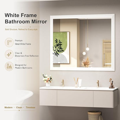 SMIROR 55x30 Matte White Bathroom Vanity Mirror for Over Sink | Metal Wide Frame, Rectangle, Right- Angle Corner, Anti-Rust, Horizontally or Vertically Wall- Mounted for Home Remodel