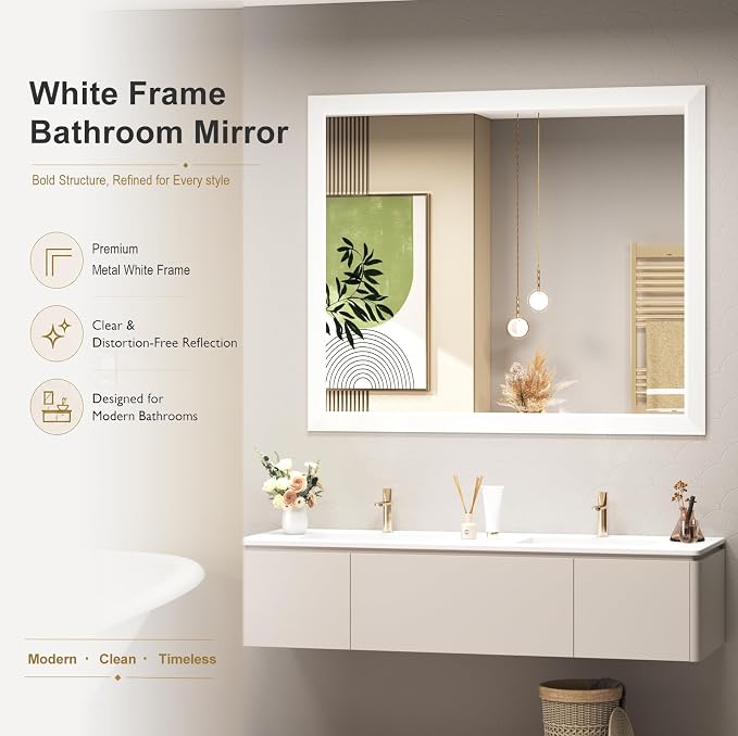 SMIROR 44x30 Matte White Bathroom Vanity Mirror for Over Sink | Metal Wide Frame, Rectangle, Right- Angle Corner, Anti-Rust, Horizontally or Vertically Wall- Mounted for Home Remodel