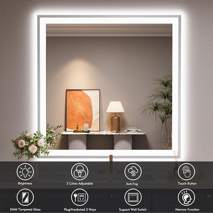 36x36 Inch LED Bathroom Mirror with Silver Frame | Silver Metal Frame, Front and Backlit, 3 Colors, Dimmable, Memory, Anti Fog, Tempered Glass, Lighted Mirror for Wall