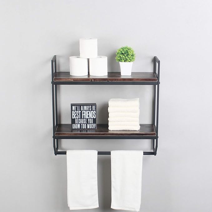 2-Tier Metal Industrial 23.6" Bathroom Shelves Wall Mounted,Rustic Wall Shelf Over Toilet,Towel Rack with Towel Bar,Utility Storage Shelf Rack, Floating Shelves Towel Holder,Retro Black
