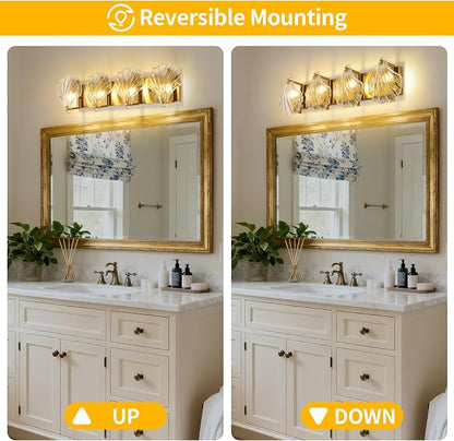 Bathroom Light Fixtures, 4-Lights Vanity Lights Over Mirror, Modern Bathroom Wall Light with Clear Shell Shaped Glass Shades, Gold Crystal Wall Light for Bedroom Living Room Hallway Kitchen