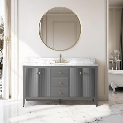 Vanity Art 60 inch Bathroom Vanity with Single Sink & Ceramic Top, Vanity Cabinet with Soft-Closing Door, Solid Wood Frame, Linear Pattern, Cashmere Gray, Golden Brushed Handware VA9160-SG-GB