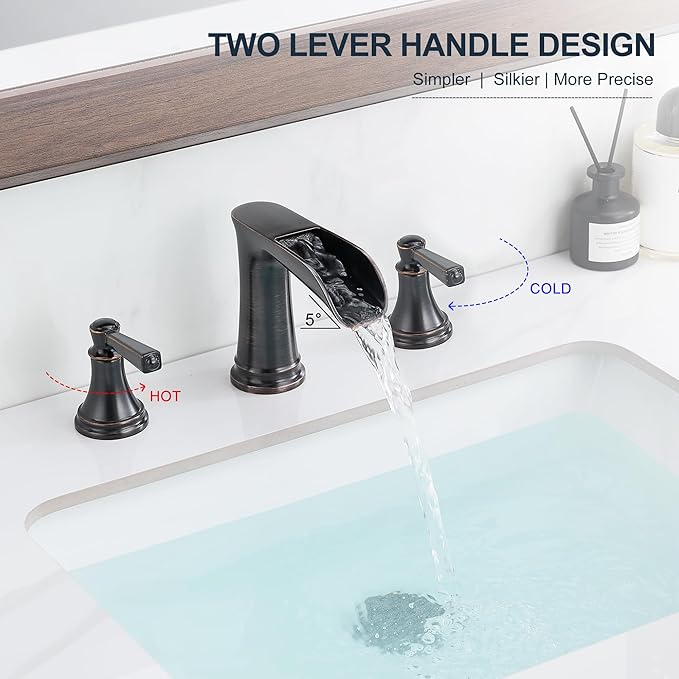 Brass 8 Inch Oil Rubbed Bronze Bathroom Faucet Waterfall Widespread Bathroom Faucets for Sink 3 Hole 2 Handle with Pop up Drain & Pre-Installed cUPC Water Hose for Vanity, 10 Mins Install
