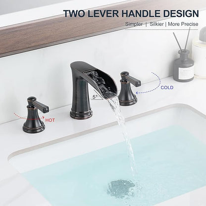 Brass 8 Inch Oil Rubbed Bronze Bathroom Faucet Waterfall Widespread Bathroom Faucets for Sink 3 Hole 2 Handle with Pop up Drain & Pre-Installed cUPC Water Hose for Vanity, 10 Mins Install