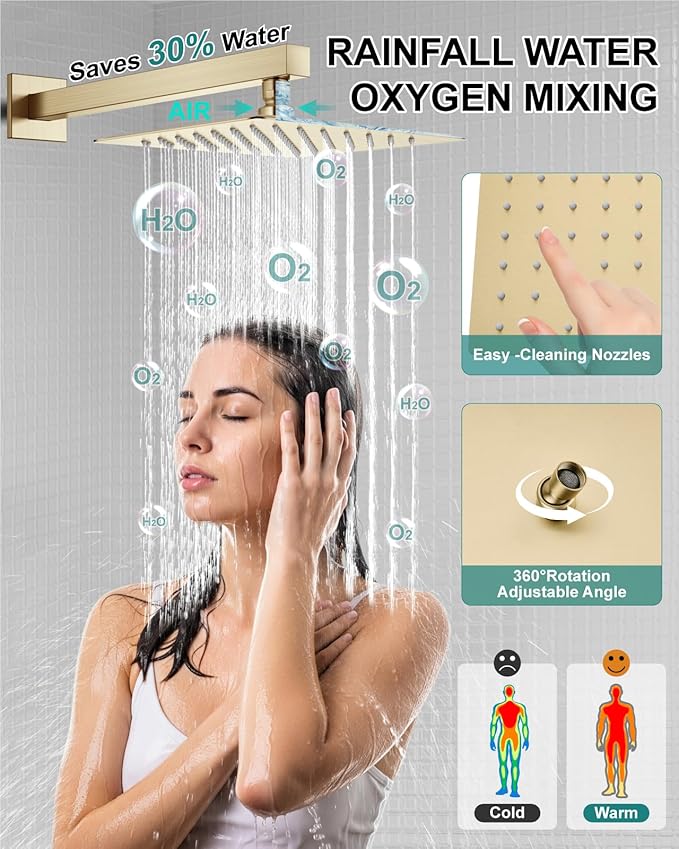 Shower Faucet Set Rainfall Shower System with Square Showerhead and Handle Set Fixture with 2 in 1 Function Handheld Sprayer Wall Mounted Trim Repair Kit Rough-in Valve 10 Inch Brushed Gold