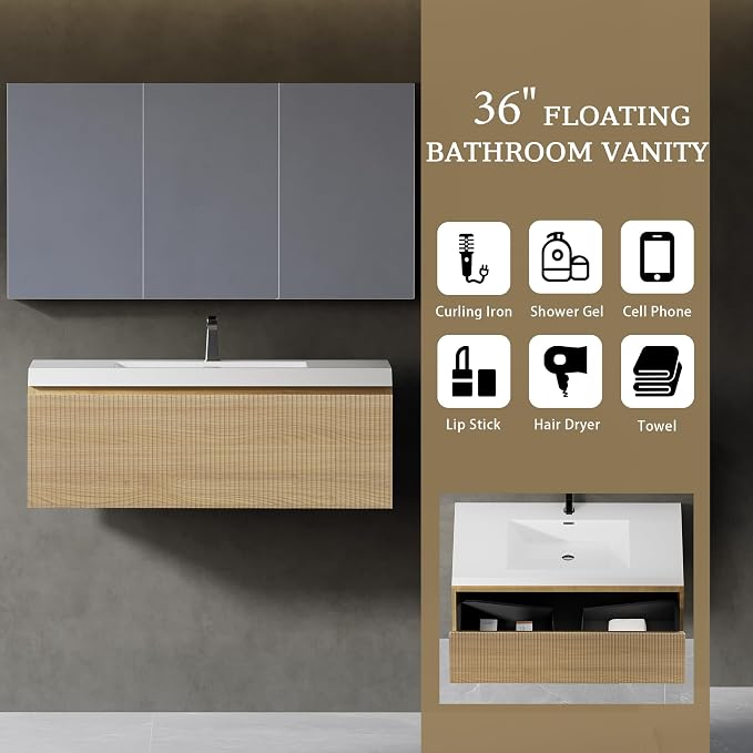 36" Floating Bathroom Vanity with Sink, Wall-Mounted Modern Oak Storage Cabinet, Wave-Textured Soft-Close Drawer & Glossy White Solid Surface Basin, Natural Oak