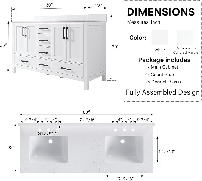 60-Inch Bathroom Vanity with Sink, 4 Soft-Close Doors and 6 Soft-Close Drawers, Bathroom Freestanding Vanity with Cultured Marble Countertop, White Vanity with Matte Black Handles