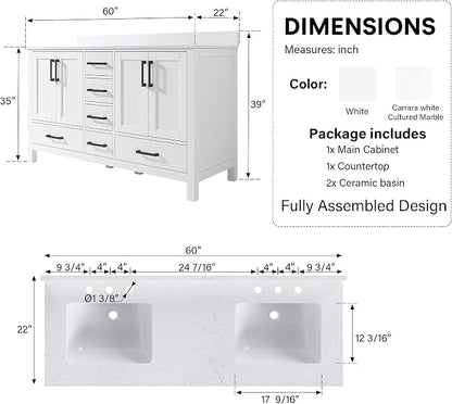 60-Inch Bathroom Vanity with Sink, 4 Soft-Close Doors and 6 Soft-Close Drawers, Bathroom Freestanding Vanity with Cultured Marble Countertop, White Vanity with Matte Black Handles