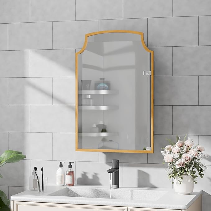 Casaphoria 30" H x 20" W Arched Bathroom Medicine Cabinet with Mirror,Metal Frame Wall Medicine Cabinets Mirrors, Wall Mirror Cabinet, Gold