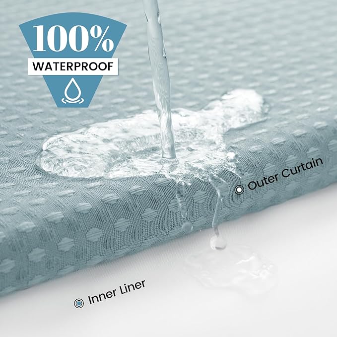 SORTTO No Hook Shower Curtain with Snap in Liner Set Waffle Shower Curtain for Bathroom Hotel Style Fabric Waterproof Inner Liner，71" W x 74" H, Fog Blue