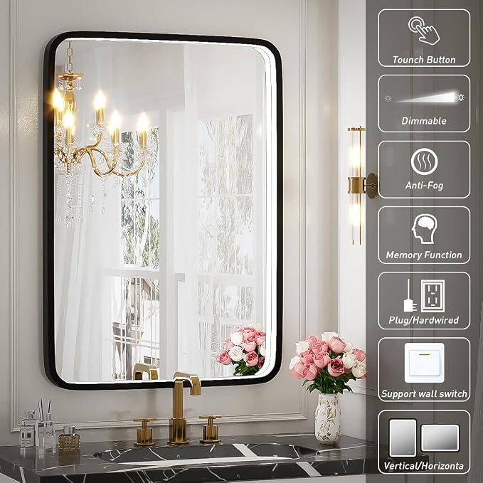 20x28 Inch LED Lighted Bathroom Mirror,Black Frame | ETL Listed,Anti-Fog,3000K/4500K/6000K Dimmable,Horizontal & Vertical,Wall Mounted,Memory Function,Ideal for Bathroom,Vanity
