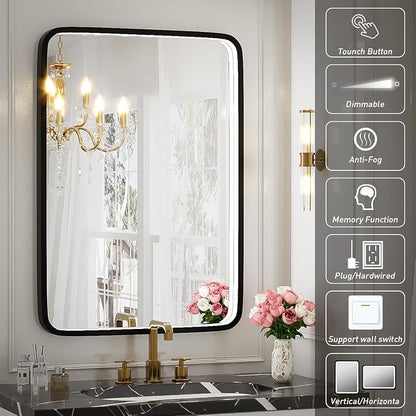 20x28 Inch LED Lighted Bathroom Mirror,Black Frame | ETL Listed,Anti-Fog,3000K/4500K/6000K Dimmable,Horizontal & Vertical,Wall Mounted,Memory Function,Ideal for Bathroom,Vanity