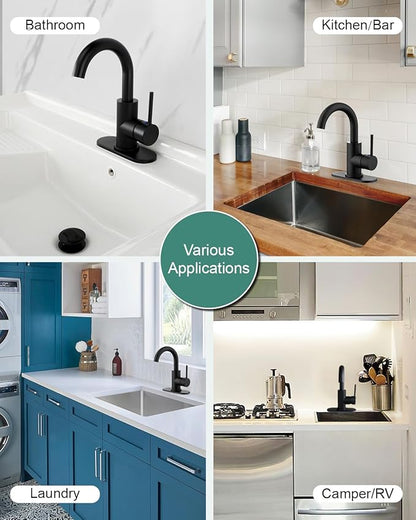 RKF Single-Handle Bathroom Sink Faucet, Swivel Spout, with Pop-up Drain with Overflow and Supply Hose,Bar Sink Faucet,Small Kitchen Faucet Tap,Matte Black,BF3501P-MB
