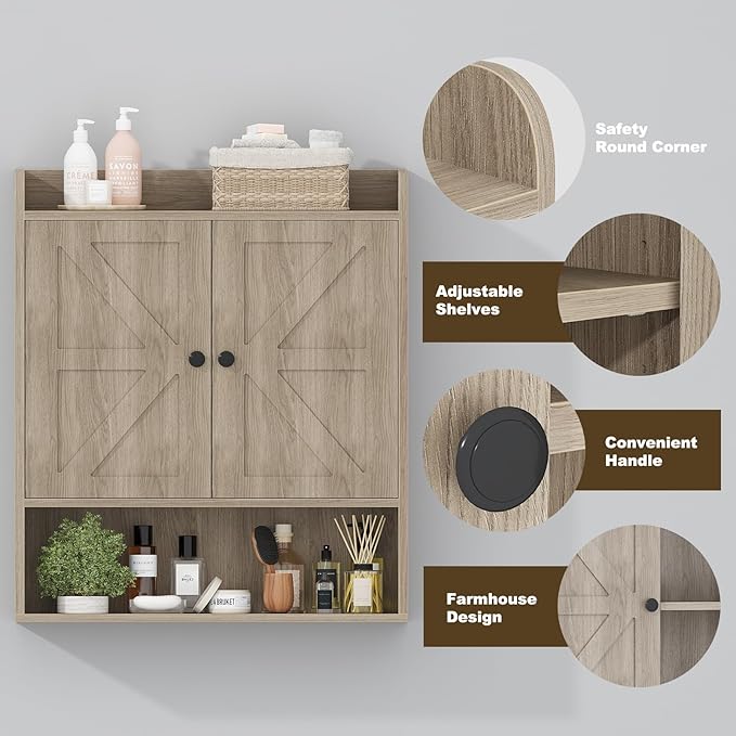 EasyCom 22" W x 26" H Bathroom Wall Cabinet, Farmhouse Medicine Cabinet with Adjustable Shelves and Double Barn Doors, Over The Toilet Storage Cabinet for Bathroom, Kitchen, Living Room, Oak Grey