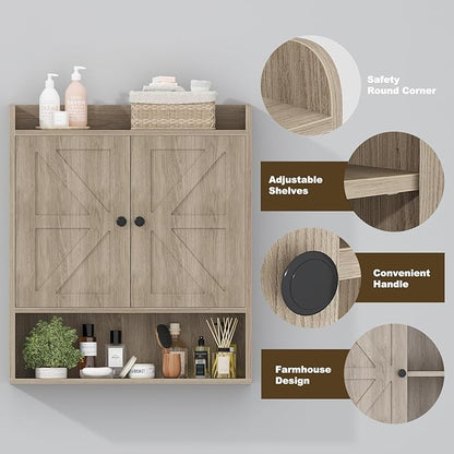 EasyCom 22" W x 26" H Bathroom Wall Cabinet, Farmhouse Medicine Cabinet with Adjustable Shelves and Double Barn Doors, Over The Toilet Storage Cabinet for Bathroom, Kitchen, Living Room, Oak Grey