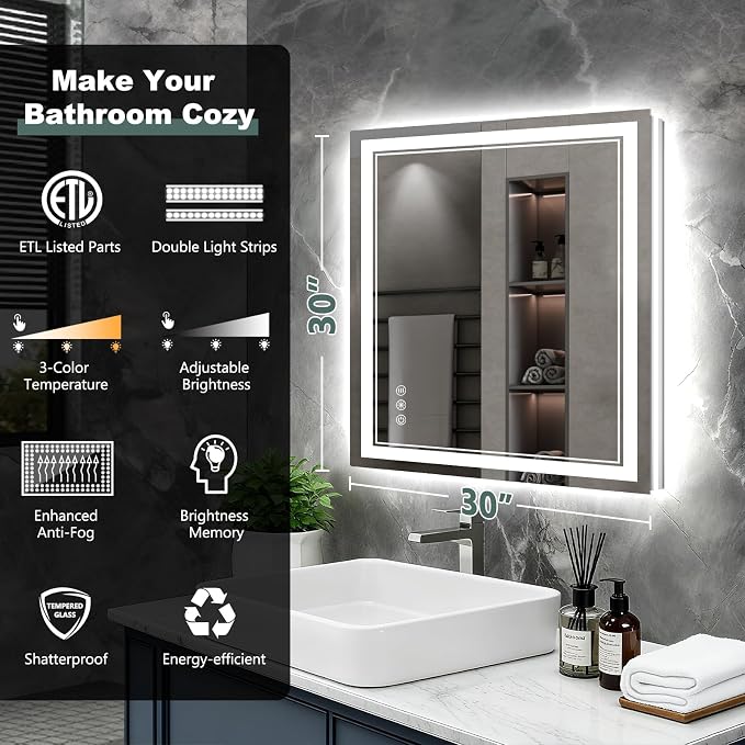 30x30 Inch LED Bathroom Mirror with Lights, 3 Colors Dimmable LED Vanity Mirror, Front and Back Lit, Anti-Fog, Memory Function, Shatterproof Tempered Glass, ETL Listed, Wall Mounted Makeup Mirror