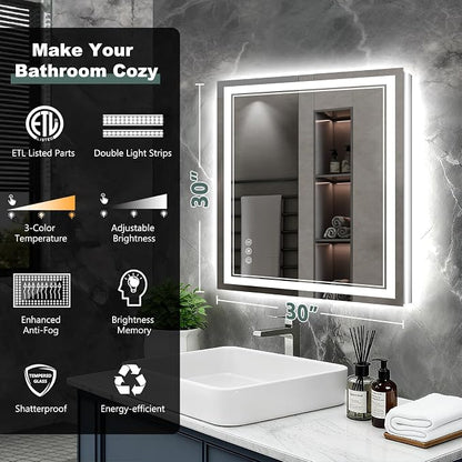 30x30 Inch LED Bathroom Mirror with Lights, 3 Colors Dimmable LED Vanity Mirror, Front and Back Lit, Anti-Fog, Memory Function, Shatterproof Tempered Glass, ETL Listed, Wall Mounted Makeup Mirror