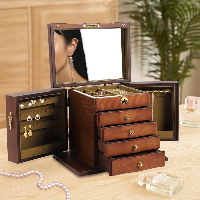 Extra Large 5 Layers Wooden Jewelry Box Jewelry Case Cabinet Armoire Ring Necklacel Gift Storage Box Organizer(5 Layers,W/mirror,Brown)