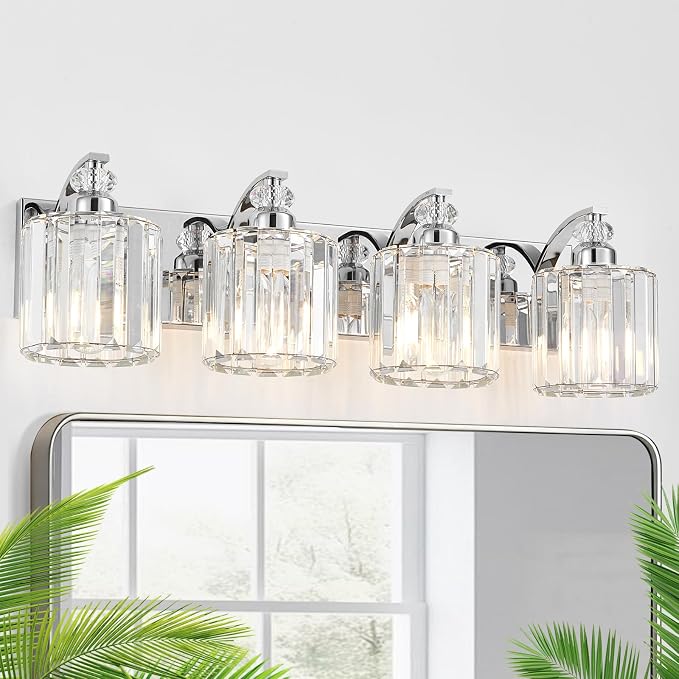 4-Light Modern Bathroom Light Fixture Chrome Vanity Lights Over Mirror Wall Sconce Lighting with K9 Crystal Shades Bathroom Wall Lamp E26 Base for Bedroom, Living Room, Hallway, Cabinet
