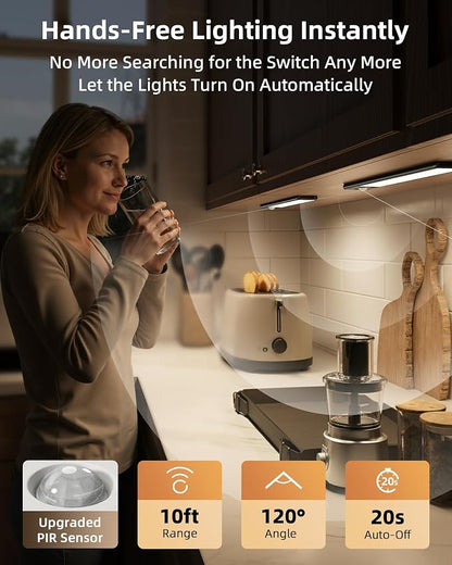 EZVALO 8" Under Cabinet Lights, 2500mAh USB-C Rechargeable Motion Sensor Light, 3 Color Temps, 5-Level Dimmable Magnetic Wireless Closet Lights for Kitchen, Pantry, Stairs (2 Pack)