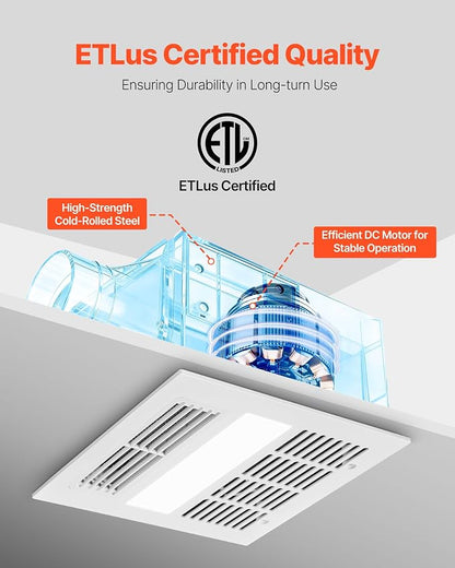 VEVOR Bathroom Exhaust Fan with Light and Heater, 80-90-110 CFM 1500W Bathroom Vent, 1.5 Sones Low-Noise, Premium DC Motor Ceiling Fan for Laundry Room, Storage Room, Home Ventilation, White