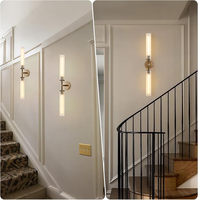 30" 2 Lights Hardwired Frosted Glass 2 PC Bathroom Wall Sconces, Handmade Knurled Brass Wall Light Fixture,Modern Vanity Light for Living Room,Hallway, Bedroom, Indoor Sconces