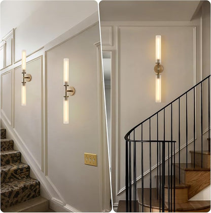 30" 2 Lights Hardwired Frosted Glass 2 PC Bathroom Wall Sconces, Handmade Knurled Brass Wall Light Fixture,Modern Vanity Light for Living Room,Hallway, Bedroom, Indoor Sconces