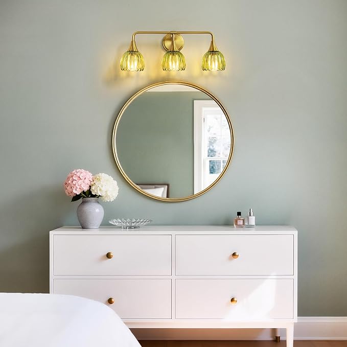 Bathroom Vanity Light Fixtures: 3-Lights Vintage Bathroom Lights Over Mirror with Ribbed Green Tulip Glass Shade - 22.4 inch Brushed Gold Wall Sconce Bath Lighting