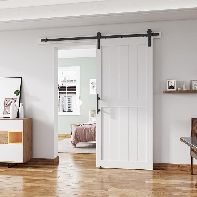 38''x84'' Sliding Barn Door with 6.6 Ft Barn Door Hardware Kit | Pre-Drilled Holes Easy Assembly - Include Installation Manual, Water-Proof PVC Surface, H-Frame, White