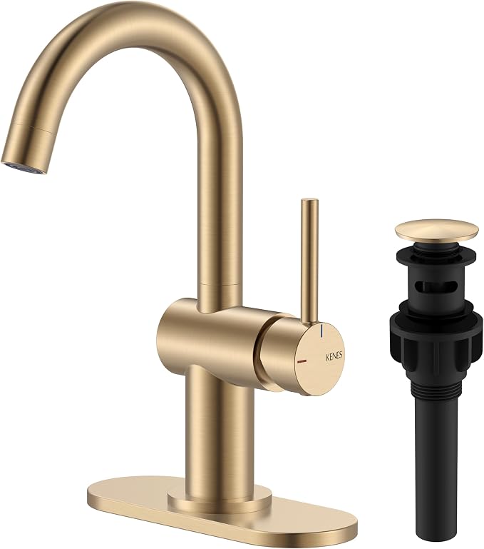 Champagne Bronze Bathroom Faucet 1 Hole, Single Handle Vanity Faucet | Bathroom Sink Faucet with Pop Up Drain & 6 Inch Deck Plate, Lead-Free cUPC & NSF Certified, 1 Handle Faucet for Vanity RV Bar