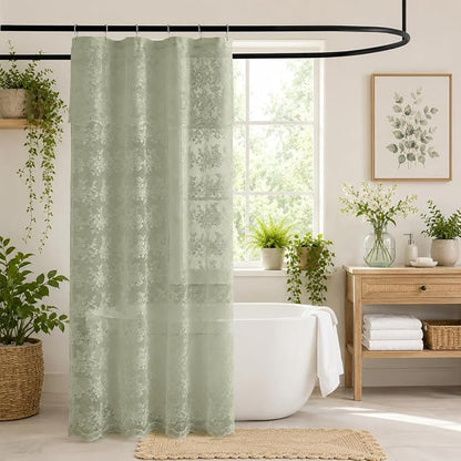 TUDECO Stand Up Sage Green Lace Shower Curtain with Valance, 36''W x 72''L | Vintage Floral, Semi-Sheer, Antique, Scalloped Edges, Reinforced Holes Top, Machine Washable, 1 Panel