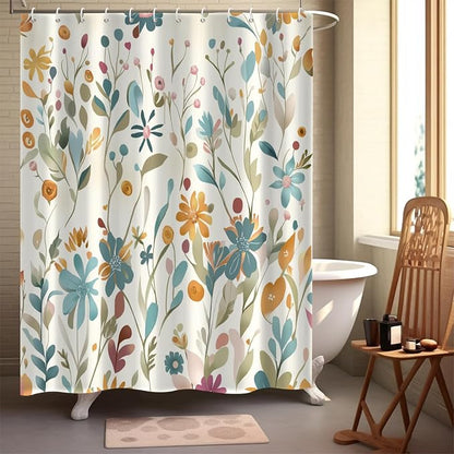 Colorful Floral Extra Long Shower Curtain, Wildflower Plant Leaves Cute Flower Spring Herbs Waterproof Fabric Machine Washable for Bathroom Bathtub with Hooks 72Wx84H