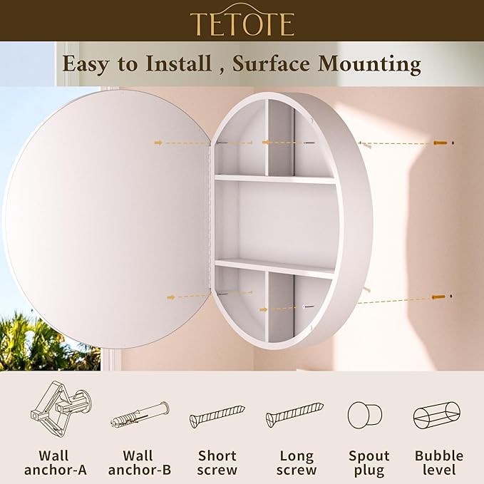 TETOTE 20 x 20 Inch Medicine Cabinet Mirror White Framed Round Mirrored Medicine Cabinets for Bathroom Adjustable Shelves Modern Bathroom Mirror with Storage Wall Mounted