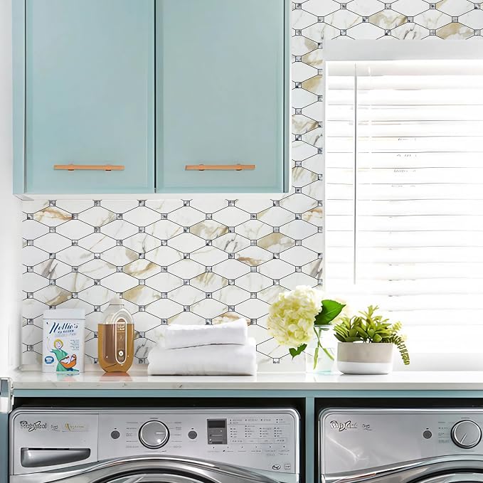 STICKGOO 10 Sheets Peel and Stick Backsplash, Calacatta Golden Stick on Mosaic Tiles for Kitchen Wall Decor, Self Adhesive Long Hexagon PVC Tile Kitchen Backsplash