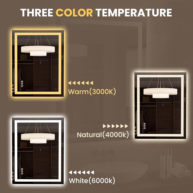 LOAAO 27.6"x35.4" LED Bathroom Mirror with Lights, UL Listed | Anti-Fog, Dimmable, 3 Color Temperature, Backlit + Front Lit, Memory Function, Tempered Glass