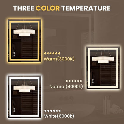 LOAAO 27.6"x35.4" LED Bathroom Mirror with Lights, UL Listed | Anti-Fog, Dimmable, 3 Color Temperature, Backlit + Front Lit, Memory Function, Tempered Glass