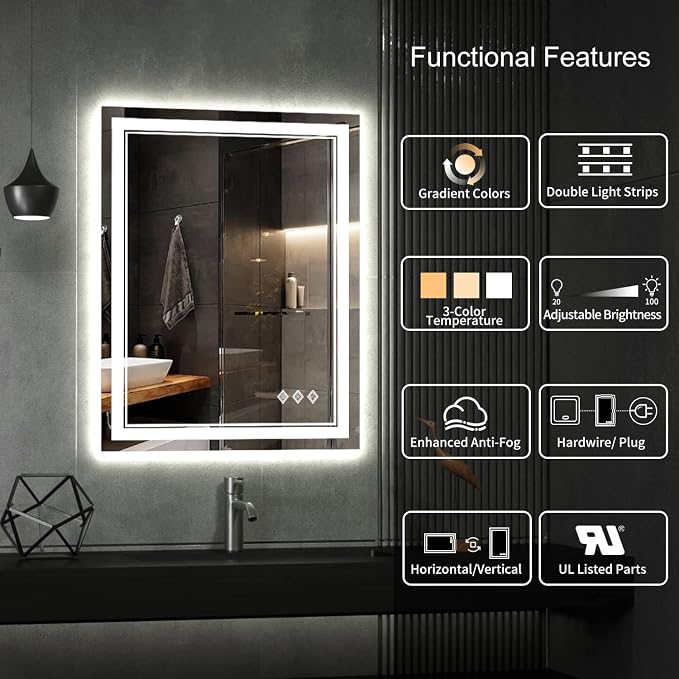 LED Bathroom Mirror, 24x32 Inch Vanity Mirror with Lights | Gradient Front and Backlit Bathroom Mirror with Lights, 3 Colors Dimmable CRI>90, IP54 Enhanced Anti-Fog, Hanging Plates