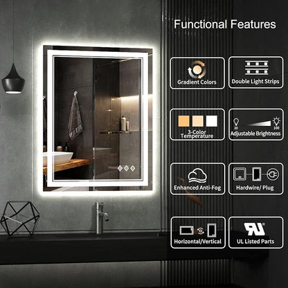 LED Bathroom Mirror, 24x32 Inch Vanity Mirror with Lights | Gradient Front and Backlit Bathroom Mirror with Lights, 3 Colors Dimmable CRI>90, IP54 Enhanced Anti-Fog, Hanging Plates