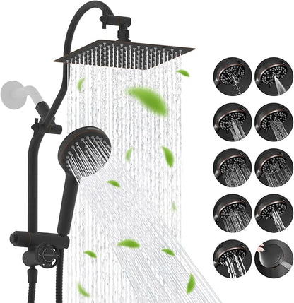 Hibbent High Pressue All Metal 8" Rainfall Shower Head, Handheld 10-Spray | cUPC Certified Oil-Rubbed Bronze Dual Showerhead Combo, 4-way Diverter with Pause Mode, Extension Arm, 71'' Hose & Holder